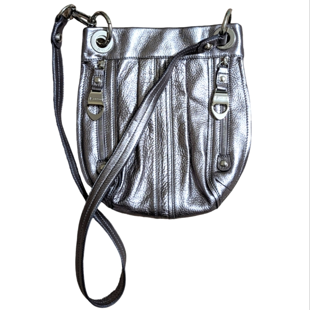 B.Makowsky 100% Leather Silver Metallic Crossbody Bag Animal Print Interior